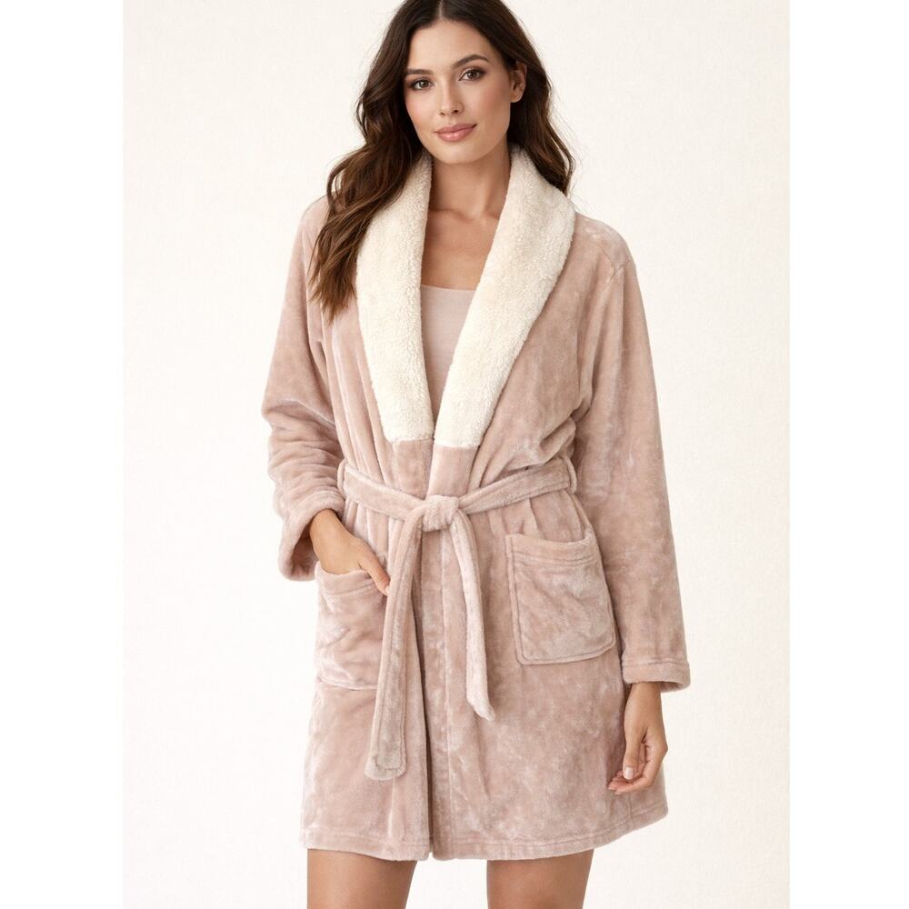 Adrienne Vittadini Plush Bathrobe Ultra Soft Faux Fur Pockets Tan One Size